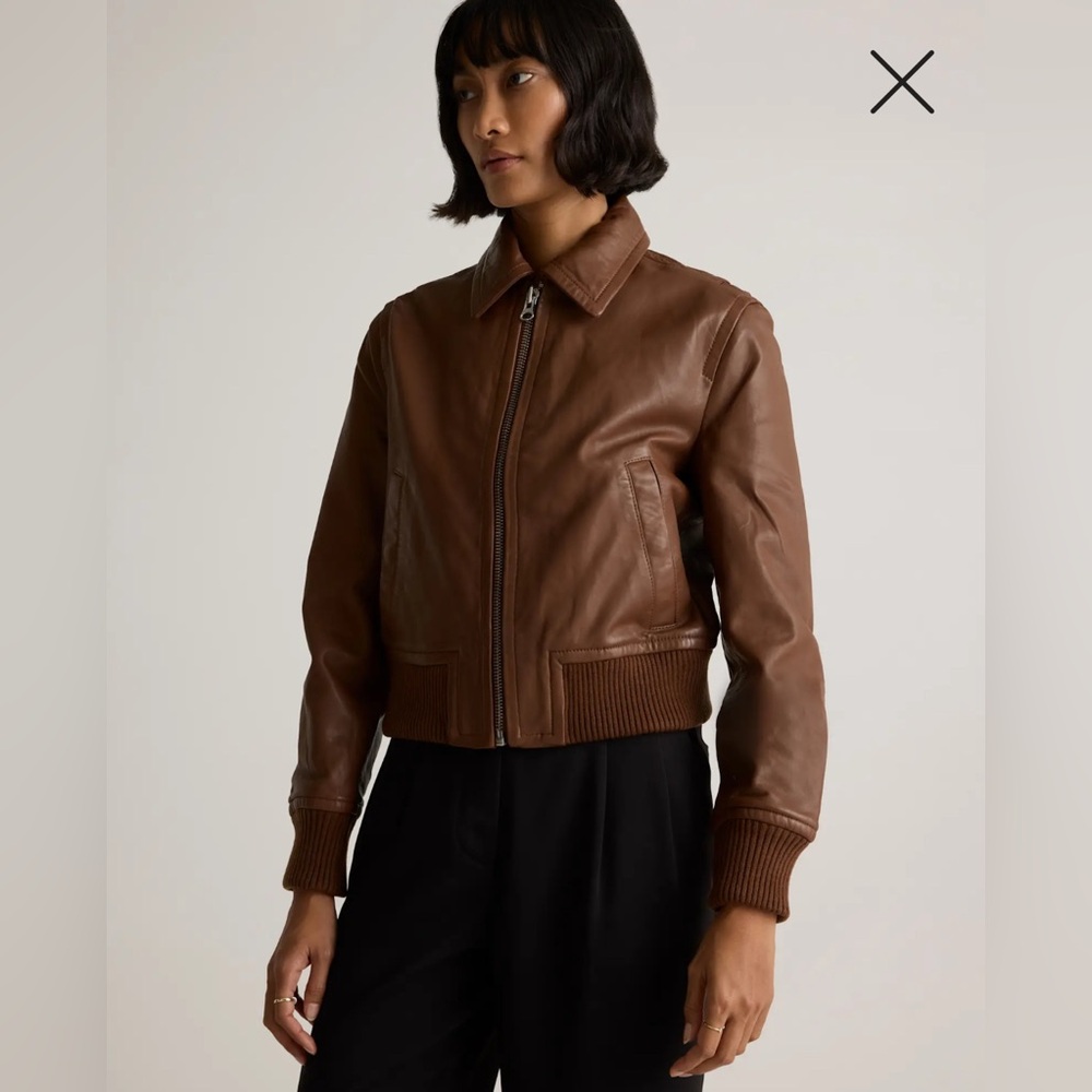 Quince Women's Brown Leather bomber jacket.